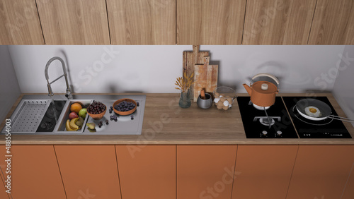 Orange and wooden modern kitchen, sink with fruit, hob with pot, fried egg in a pan. Vase with spikes, wooden cutting boards. Top view, above with copy space, interior design idea