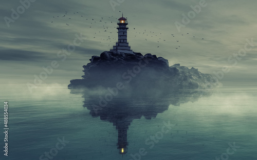 Wallpaper Mural Lighthouse on the rocks on the ocean. Dramatic foggy landscape Torontodigital.ca