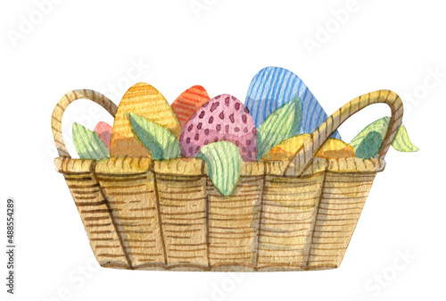 Wicker basket with Easter eggs and leaves hand drawn watercolor illustration.