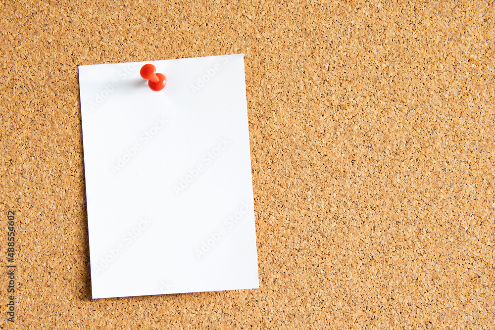Blank white notepad with pins on cork board for reminders. with free space Blank white notepad with pins on cork board for reminders. with free space