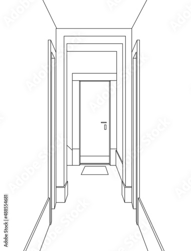 Interior outline drawing of a doorway of an appartment building