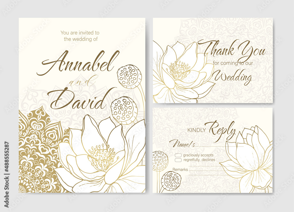 Golden exotic pattern for floral wedding card, thank you, rsvp postcard. Vector wedding Invitation design template with lotuses and mandala.