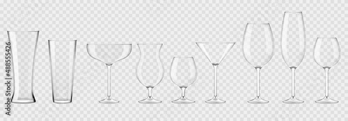 Set of empty glasses, wine and cognac glasses, isolated.
