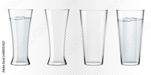 Set of glasses of water and empty glasses, isolated.