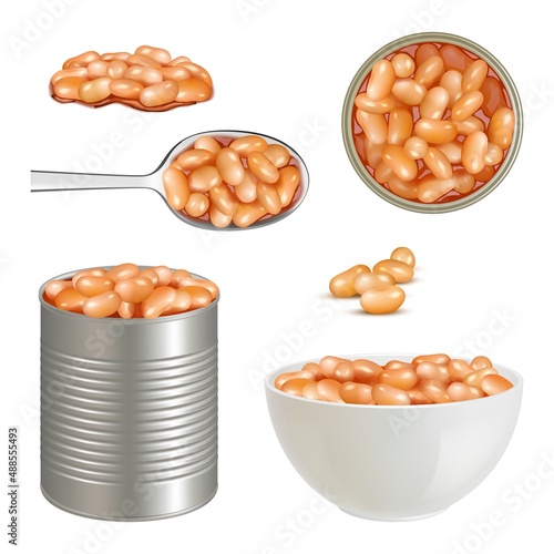 Canned food. Healthy delicious beans with tomato pasta baked products collection decent vector steel container with beans realistic illustrations