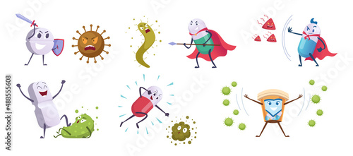Antibiotic fight characters. Virus funny symbols healthy protection concept illustration of antibiotic damaged bacterias care pills exact vector cartoon illustration set photo