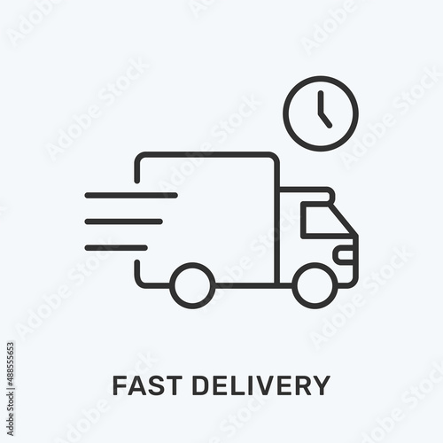 Fast delivery line icon. Vector illustration of van and clock. Black outline pictogram for courier service