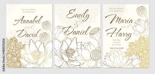 Invitation wedding template with lotuses and mandala. Golden exotic pattern for vector floral wedding card. 