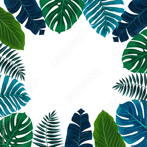 Tropical frame with banana leaves, monstera and palm leaves. Vector illustration. Perfect for postcards wedding invitations and posters.