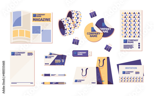 Printing material icon. Business flyers advertising brochures leaflets visit cards magazines garish vector flat colored pictures set