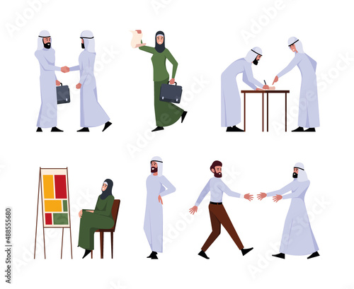 Arabic business. Traditional ethnic arabs partnership saudi workers office people meeting garish vector persons in action poses talking sitting