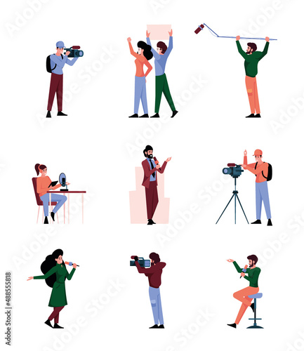 Correspondents. Hot news outdoor journalists with operators recording entertainment production broadcast with cameras and microphones garish vector people correspondents