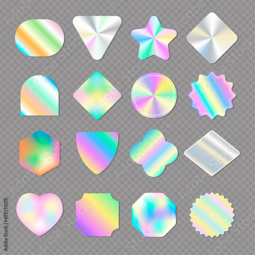 Holographic stickers. Retro shiny gradients stickers ads emblems and tags unicorn funny colors recent vector holographic stamps