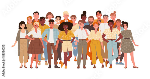 Multiracial and multicultural group of people of different ages stand together and smile. Crowd of different people pose for a photo. Collective portrait