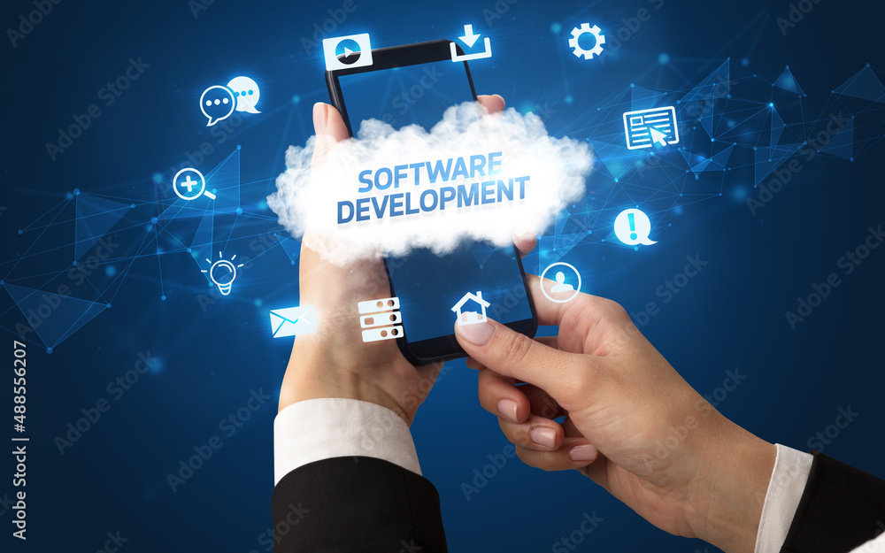 Hand using smartphone with cloud technology concept Hand using smartphone with cloud technology concept