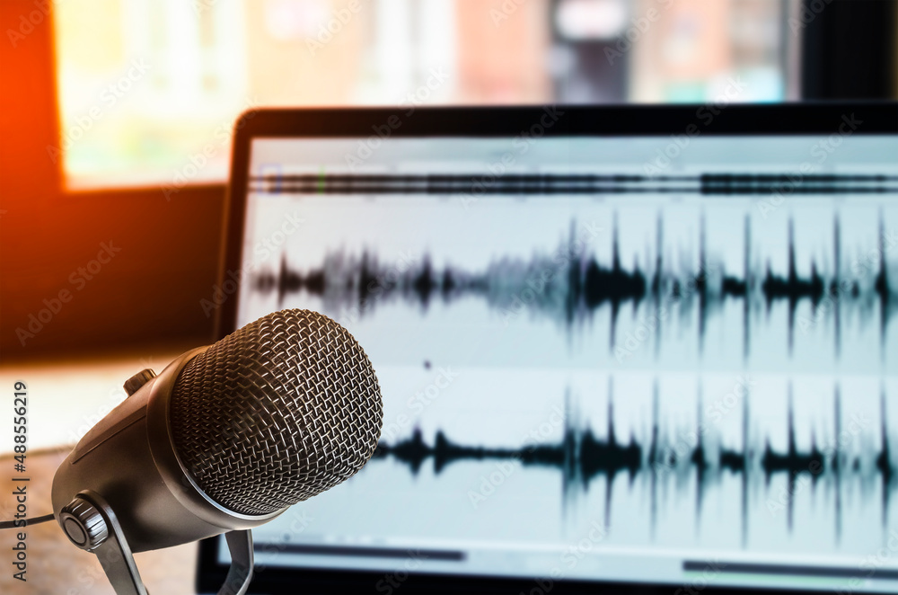 Fototapeta premium Microphone and wave form on laptop screen