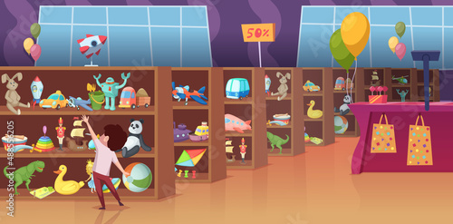 Toy store. Interior of game store for kids happy children select different toys present shelves soft animals robots transport bricks exact vector cartoon background