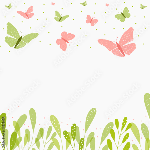 Modern universal artistic templates with butterfly and leaves.International Women's Day, Holiday cards, Spring template.March template.Floral spring and summer background copy space
