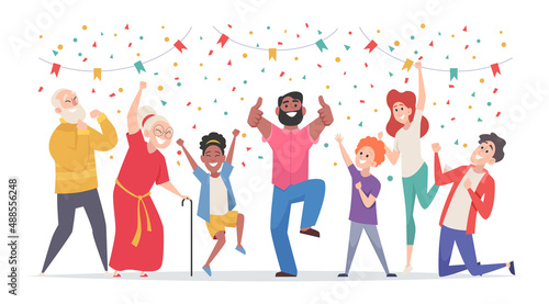 Winners people. Happy characters successful excited team jumping and celebrating victory exact vector cartoon background