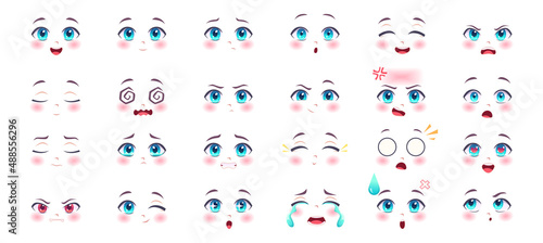 Anime expressions. Kawaii cute faces with eyes lips and nose cartoon anatomy smiling manga girls exact vector pictures set isolated