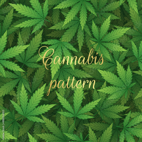 Vector dark seamless 3d pattern with chaotic cannabis leaves.