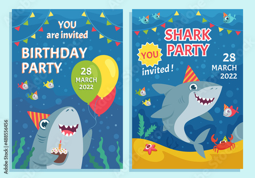 Invitation kids party. Print poster template with cute funny mascot cartoon shark and place for personal text exact vector picture set