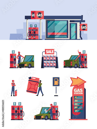 Gas station service. Refuel engine workers gas oil refill processes pumping fuel garish vector colored illustrations