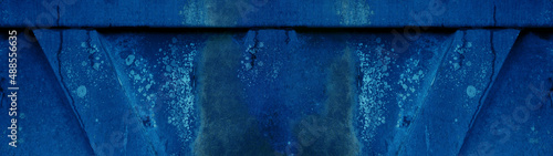 Old weathered blue peeled off rustic steel trough container texture background banner panorama