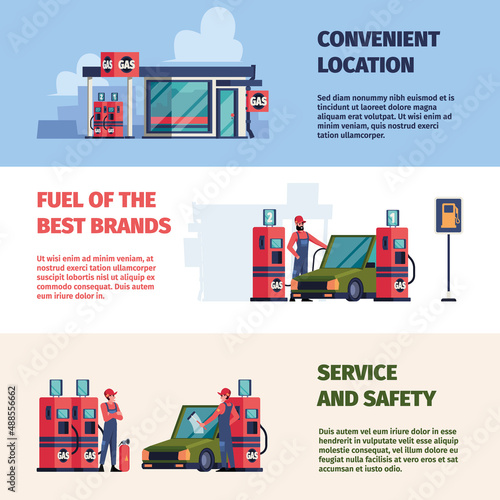 Gas station banners. Professional workers refuelling different cars oil gas petrolling service garish vector printing designs template set