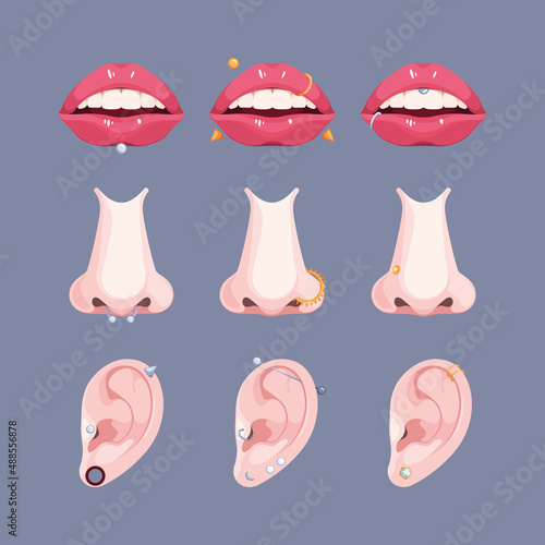 Piercing. Geometrical decorative metallic rings brackets beauty jewelry for nose ears lips body and face decoration garish vector flat templates