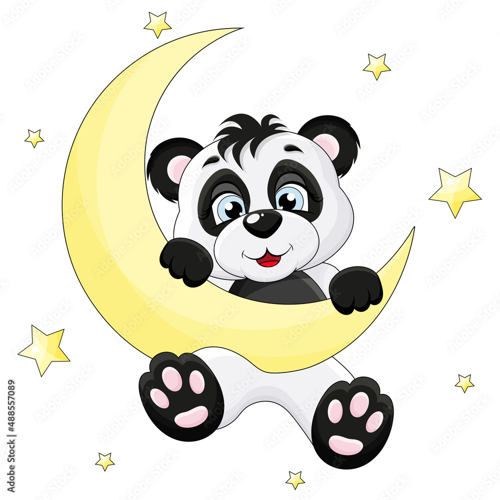 Fototapeta premium cute panda is hanging on the moon and smiling