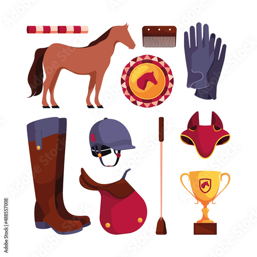 Equestrian set. Tacks belt sport helmet riding horse care garish vector flat illustrations set