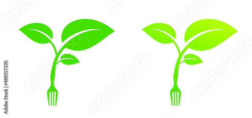Cartoon green bio or eco icon or symbol. Healthy food logo. Organic food pictogram with fork and leaf symbol. Vegetarian concept. For dinner, breakfast, lunch meal Healthy diet cooking Fork and knife
