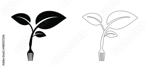 Cartoon green bio or eco icon or symbol. Healthy food logo. Organic food pictogram with fork and leaf symbol. Vegetarian concept. For dinner, breakfast, lunch meal Healthy diet cooking Fork and knife
