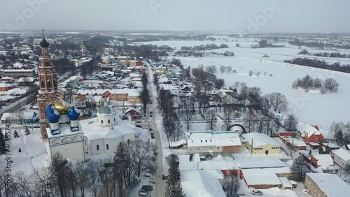Aerial view of the Cathedral of the Archangel Michael and the bell tower in Bronnitsy in winter, Moscow region, Russia