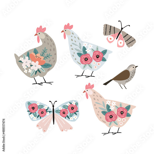 Set of decorative birds, butterfly. Hen, farm animals. Cute floral, kids design. Isolated vector objects, stickers for scrapbooking. Fowl and flowers. Group of hand drawn Easter cartoon illustrations.