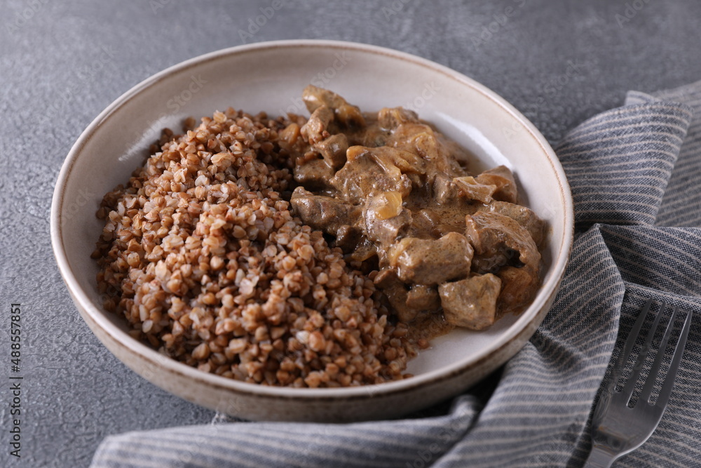 Meat with buckwheat on the table in the kitchen Meat with buckwheat on the table in the kitchen