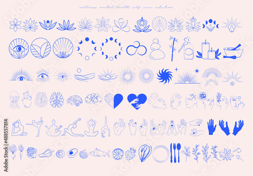 Collection of Wellness Icons, Symbols, Elements with self care. mental healt, nutrition, yoga. Perfect for create logotype. Minimalistic one line design. Editable Vector Illustration. photo