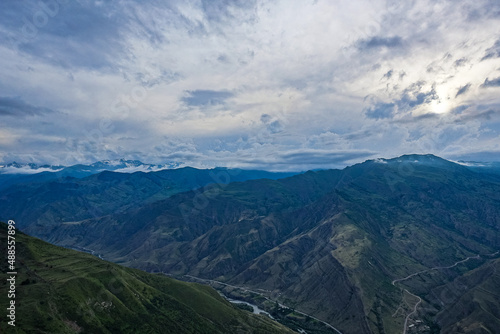 Panoramic view of the mountains from the ancient village of Goor. Russia  Dagestan 2021