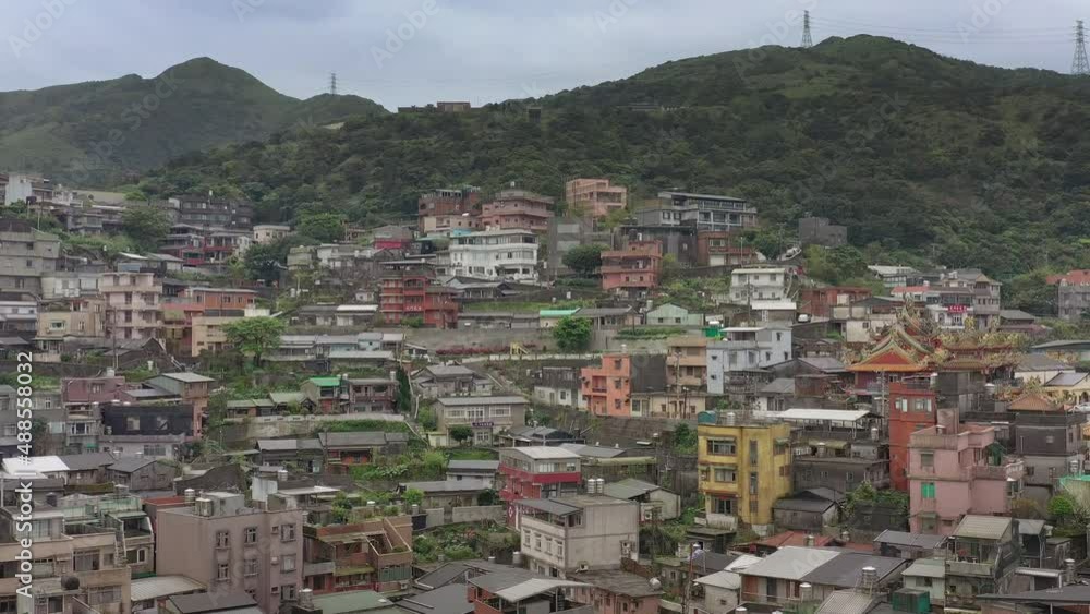 cloudy day old town new taipei city mountain side aerial panorama 4k taiwan cloudy day old town new taipei city mountain side aerial panorama 4k taiwan