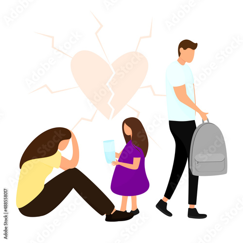 family quarrel or a breakup. A man leaves with things from a woman and a child. Cartoon vector illustration