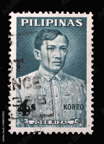 Stamp printed in Philippines shows Jose Rizal (1861-1896)(overprint 4c on 6c), circa 1964 photo