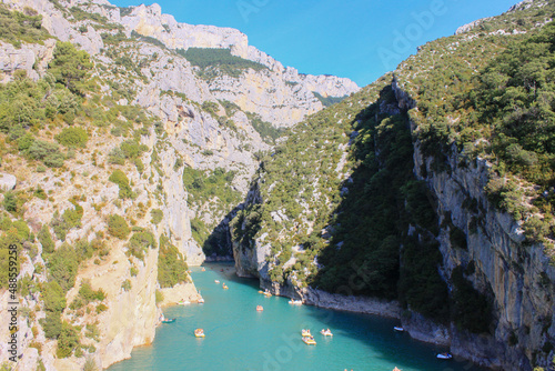 View to the mountains and rocks of the beautiful french Canyon Gorge du Verdon, Provence, France near lake Sainte-Croix and Moustiers-Sainte-Marie - it is the largest canyon in Europe