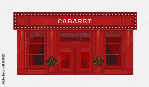 Cabaret show building. Variety house.  Music hall building. Red facade. Broadway show