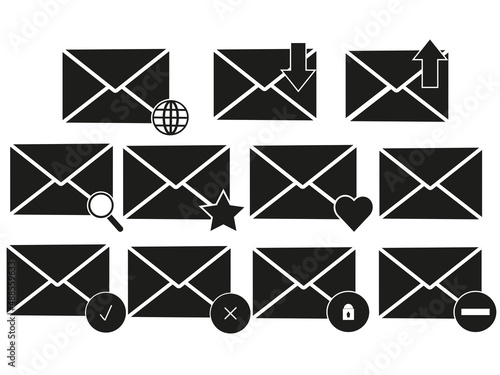 Email icons set. Set of simple illustrations with 11 elements of mail on a white background. Vector illustration