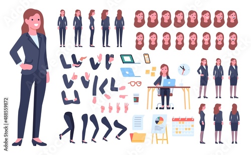 Cartoon business woman character kit. Female office secretary. Body parts and gestures. Standing employee with workplace elements. Different views. Vector poses and accessories set