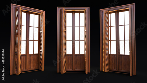 Collection of isolated wooden doors on black background, 3d render