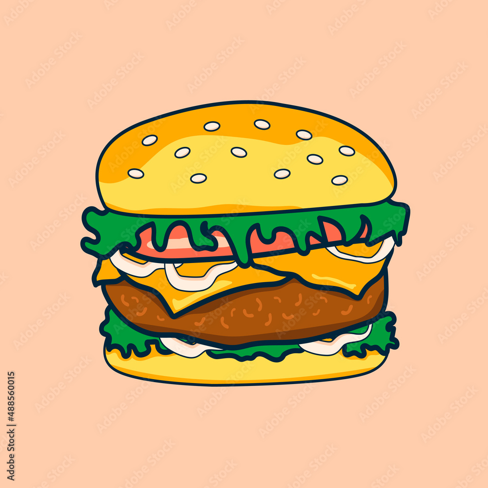 Juicy burger with a bun and sesame seeds, onion, tomato, melted cheese, lettuce leaves and beef patties. Illustration in warm shades, in a modern style Juicy burger with a bun and sesame seeds, onion, tomato, melted cheese, lettuce leaves and beef patties. Illustration in warm shades, in a modern style