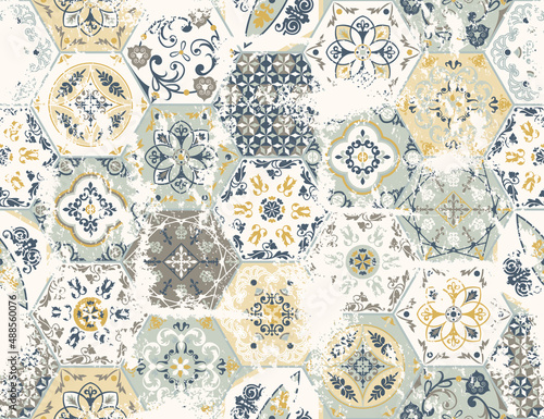 Seamless vintage pattern with scuffed effect. Patchwork tile. Hand-drawn seamless abstract tile pattern. Azulejos patchwork tiles. Portuguese and Spanish decor. Hexagonal pattern.