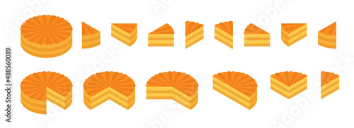 Pieces of shortbread dough pie. The whole cake and its parts. Isometric view.